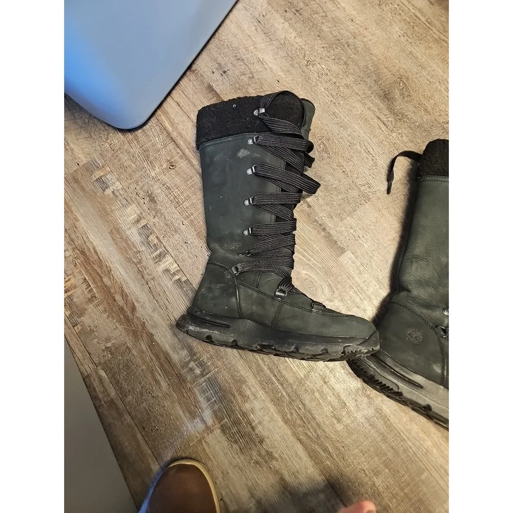 Timberland Women KNEE SNOW BOOTS 7‎ Black Lace Rugged Leather WARM NEW $198